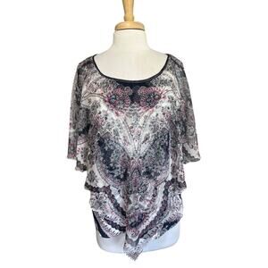 JM Collection Women's Size L Blouse Top Shirt Semi Sheer Overlay Batik Paisley